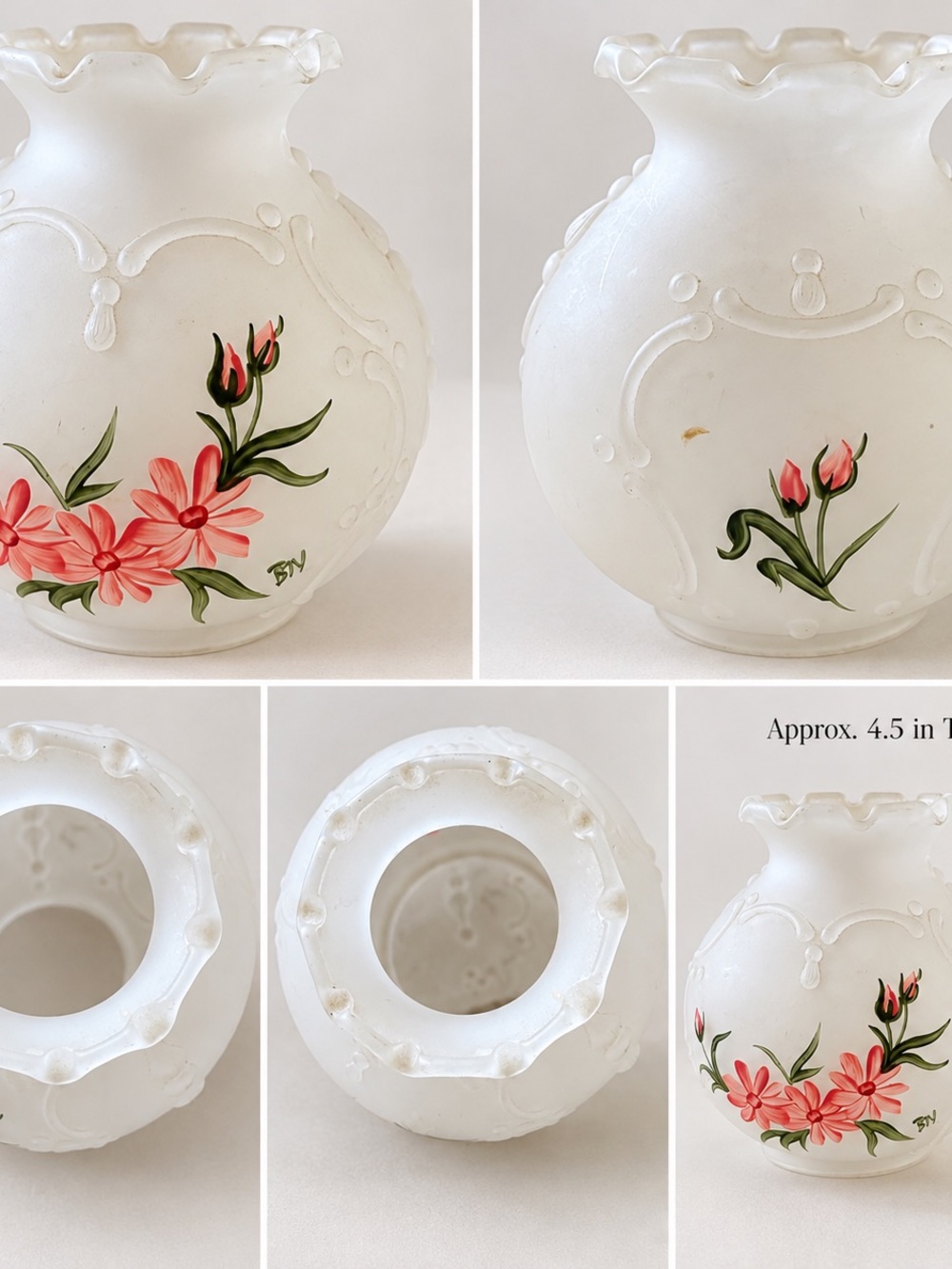 Vintage Frosted Glass Lamp Shade 4.5” – Hand Painted Pink Flowers – Ruffled Edge
